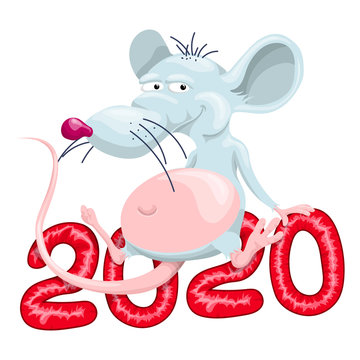 The fat rat is sitting on 2020. Vector illustration in cartoon style