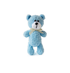 Blue crochet teddy bear isolated on white background. Handmade soft toy.