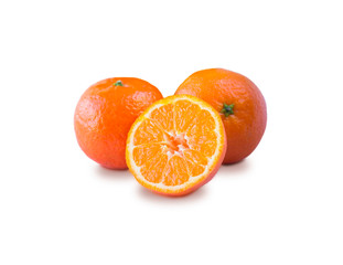 Ripe and tasty tangerines isolated on white background. Fresh clementines with copy space for text. Mandarin slice isolated on white background. Tangerines slices isolated on white background