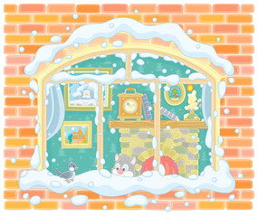 Small curious kitten looking through a window and watching a funny bird perched on a snow-covered windowsill on a frosty winter day, vector illustration in a cartoon style