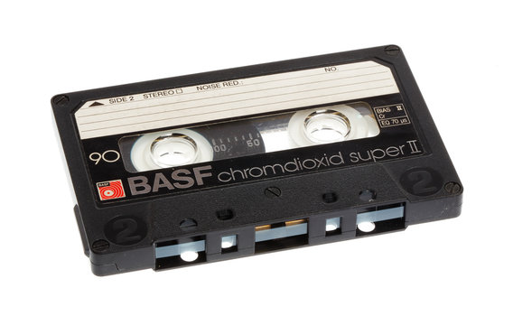 Stockholm, Sweden - August 15, 2015: One black cassette chromedioxide magnetic  audio tape BASF C90 isolated on white.