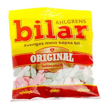 Stockholm, Sweden - September 12, 2015: One package pf Ahlgren's Car, small ,marshmallow candy cars for the Swedish market isolated on white.