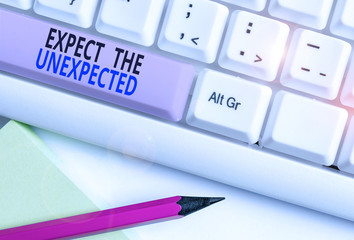 Text sign showing Expect The Unexpected. Business photo showcasing Anything can Happen Consider all Possible Events White pc keyboard with empty note paper above white background key copy space