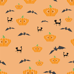 Halloween Decoration Seamless Pattern with Black Cat and Pumpkin Isolated on Orange Background.