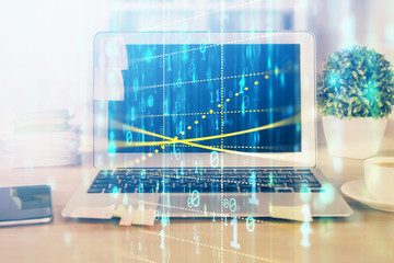 Technology theme drawing and table with computer. Double exposure. Concept of information.