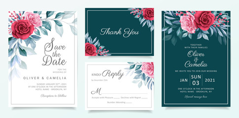 Floral wedding invitation card template set with elegant watercolor flowers and leaves. Blue, red, peach botanical card background set