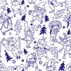 Fototapeta na wymiar New Year seamless pattern. Children in Christmas costumes. Cheerful children celebrate Cartoon New Year's holiday costume. Vector illustration