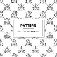 Seamless halloween pattern with ghost, pumpkins, bat and broom. Black and white