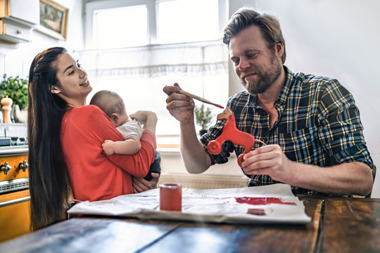 Family Painting Wooden, Toy Horse For Baby At Kitchen, Table At Home