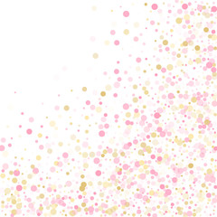 Gold, pink and rose color round confetti dots, circles chaotic scatter.