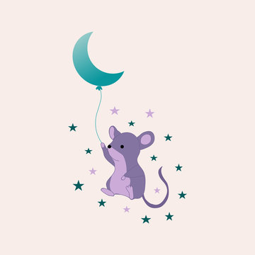 Purple and green stars and cute. mouse, vector illustration