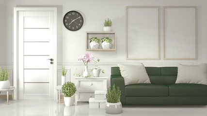 Mock up poster frame in white living room with green sofa and decoration plants on white glossy floor.3D rendering