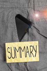 Writing note showing Summary. Business concept for a brief statement or account of the main points...