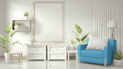 Mock up poster frame in white living room with blue armchair and decoration plants on white glossy floor.3D rendering