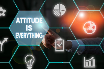 Writing note showing Attitude Is Everything. Business concept for Positive Outlook is the Guide to a Good Life Male human wear formal suit presenting using smart device