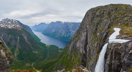 Fototapeta na wymiar Panoramic landscape with Mardalsfossen waterfall