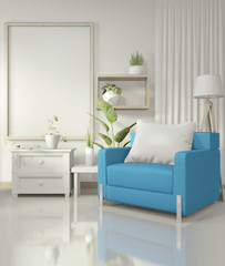 Mock up poster frame in white living room with blue armchair and decoration plants on white glossy floor.3D rendering