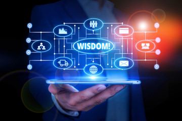 Word writing text Wisdom. Business photo showcasing the ability to use your knowledge and experience to make decisions Male human wear formal work suit presenting presentation using smart device
