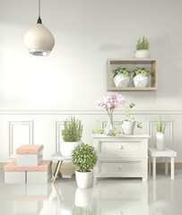 Mock up white cabinet on white room glossy floor and decoration plants.3D rendering