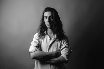 Portrait of handsome young man.  Black and white.