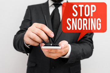 Word writing text Stop Snoring. Business photo showcasing noisy breathing during sleep due to vibrating airway tissue