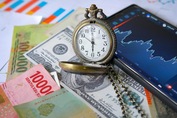 Business and Financial Concept. Multiple Currencies Banknote on graph with classic pocket watch and trading chart
