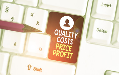 Conceptual hand writing showing Quality Costs Price Profit. Concept meaning Balance between wothiness earnings value White pc keyboard with note paper above the white background