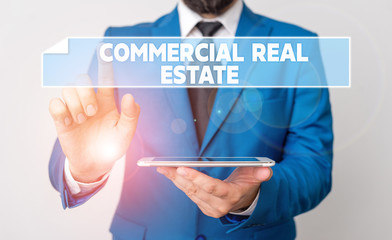 Handwriting text Commercial Real Estate. Conceptual photo Income Property Building or Land for Business Purpose Businessman with pointing finger in front of him
