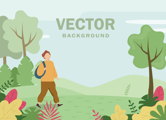 Vector illustration in flat style - Summer background - Landscape illustration with one character walking in summer forest - exploring nature
