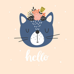 Illustration with cute cat and flowers
