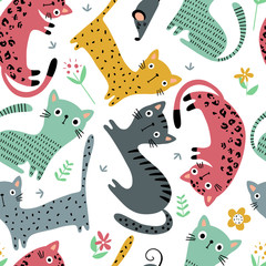 Seamless pattern with cute abstract cats