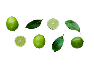 Fresh sliced lime with leaves isolated on white background. set of lemon flat lay  composition.
