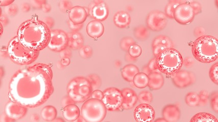 Pink shiny toys, balls, bubbles on pastel  background-3D render. New year greeting card, poster. Holiday banner 2020 with copy space for Christmas, new year, winter holidays, sales days.