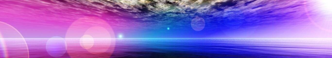 Naklejka na ściany i meble Ocean sunset. Panorama of sea sunset. Light above the water. 3d rendering.