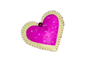 Heart made of felt for Valentine's day on a white background.