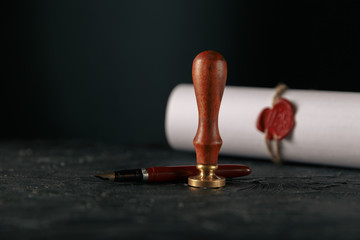 Law, attorney, notary public stamp and pen on desk. law will notary paper lawyer fountain pen seal...