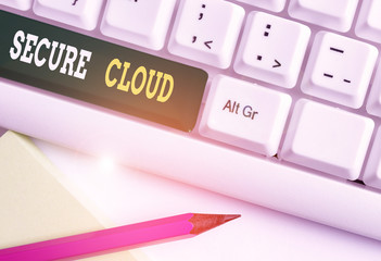 Conceptual hand writing showing Secure Cloud. Concept meaning Protect the stored information safe Controlled technology White pc keyboard with note paper above the white background