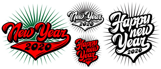 Vector set of illustrations in retro style on theme of New Year celebration with lettering composition and rays