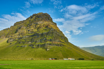 volcanic landscapes and farms in southern Iceland