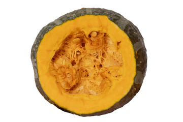 Pumpkin isolated. Close-up of a green pumpkin sliced open with orange inside isolated on a white background. Healthy nutrition. Macro.