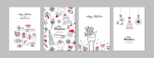 Merry Christmas cards set with hand drawn elements. Doodles and sketches vector Christmas illustrations, DIN A6. - 294920107