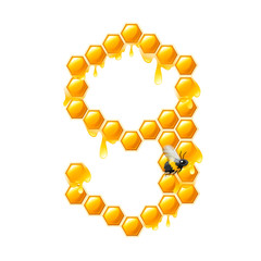 Honeycomb number 9 with honey drops and bee cartoon style food design flat vector illustration isolated on white background