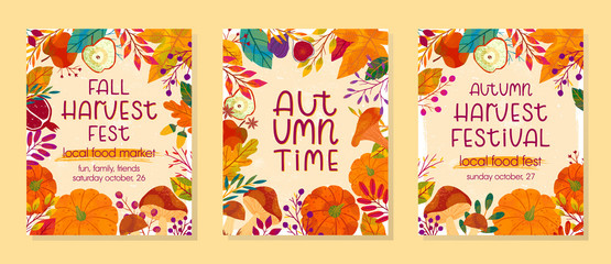 Bundle of seasonal vector autumn illustrations for harvest festival with pumpkins,mushrooms,pomegranates,figs,apples,plants,leaves,berries and floral elements.Harvest fest season.Trendy fall designs.