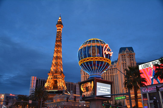 LAS VEGAS, USA - MARCH 18, 2018 : Paris Las Vegas Hotel & Casino night lights exterior view. The Strip.
