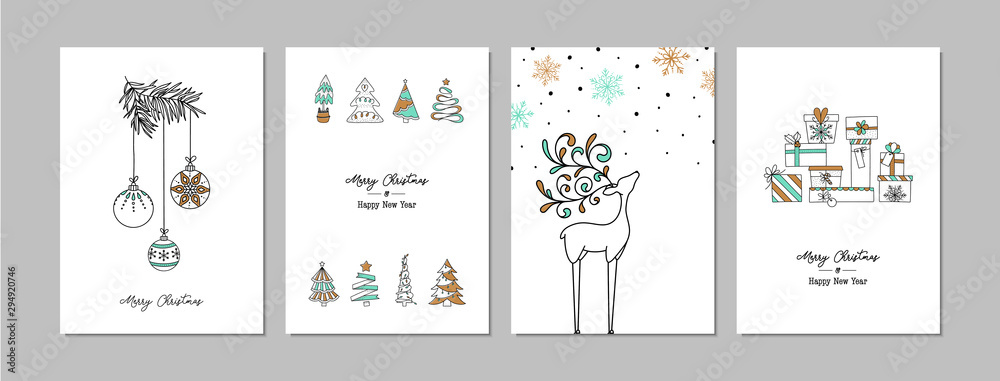 Wall mural merry christmas cards set with hand drawn elements. doodles and sketches vector christmas illustrati - Wall murals