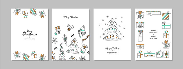 Merry Christmas cards set with hand drawn elements. Doodles and sketches vector Christmas illustrations, DIN A6. - 294920749