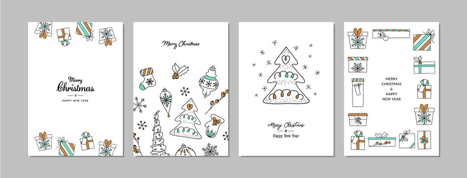 Merry Christmas cards set with hand drawn elements. Doodles and sketches vector Christmas illustrations, DIN A6.