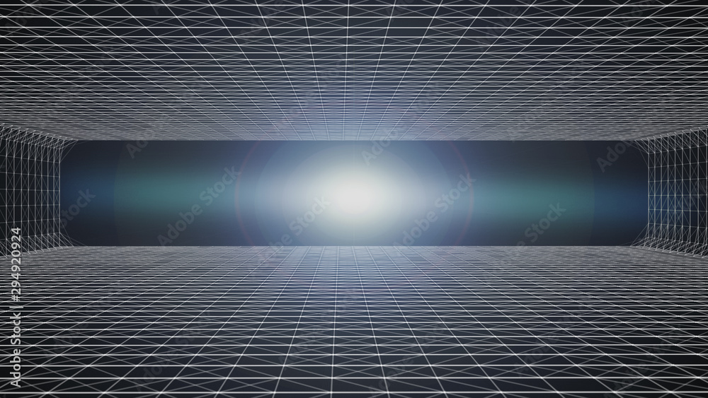 Wall mural grid gateway of room wall tunnel with dot and line of 3d interior with wireframe street for futurist