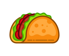 Taco vector illustration in flat style. Taco mexican food. Traditional tacos isolated. Taco fast food.