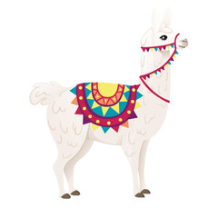 Cute llama wearing decorative saddle with patterns cartoon animal design flat vector illustration isolated on white background side view